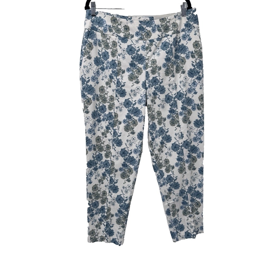 NWT CATO Floral hi-rise ankle stretch capris green blue white stretch button leg